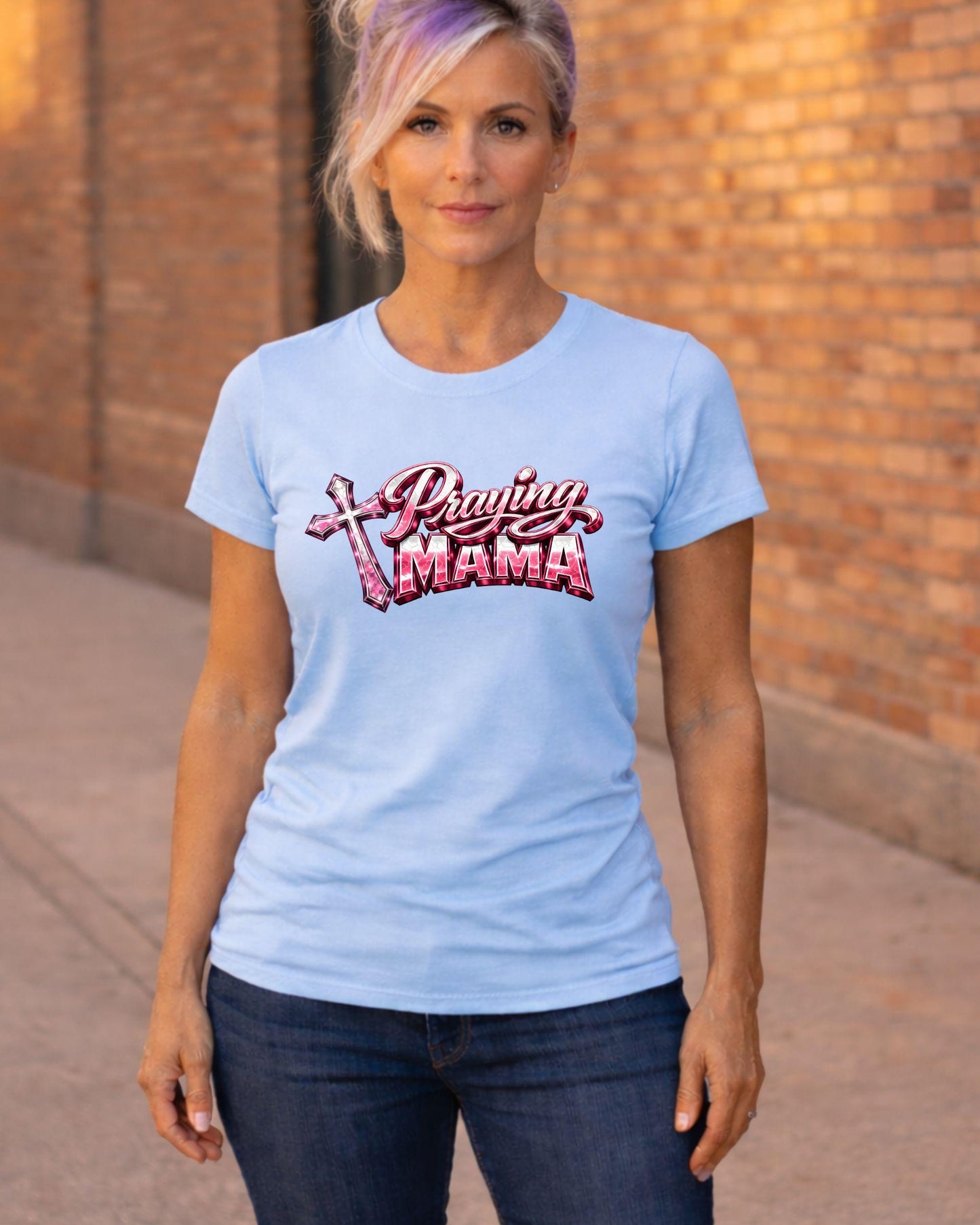 Praying Mama T-Shirt | Pink Cross Script Faith Mom Tee