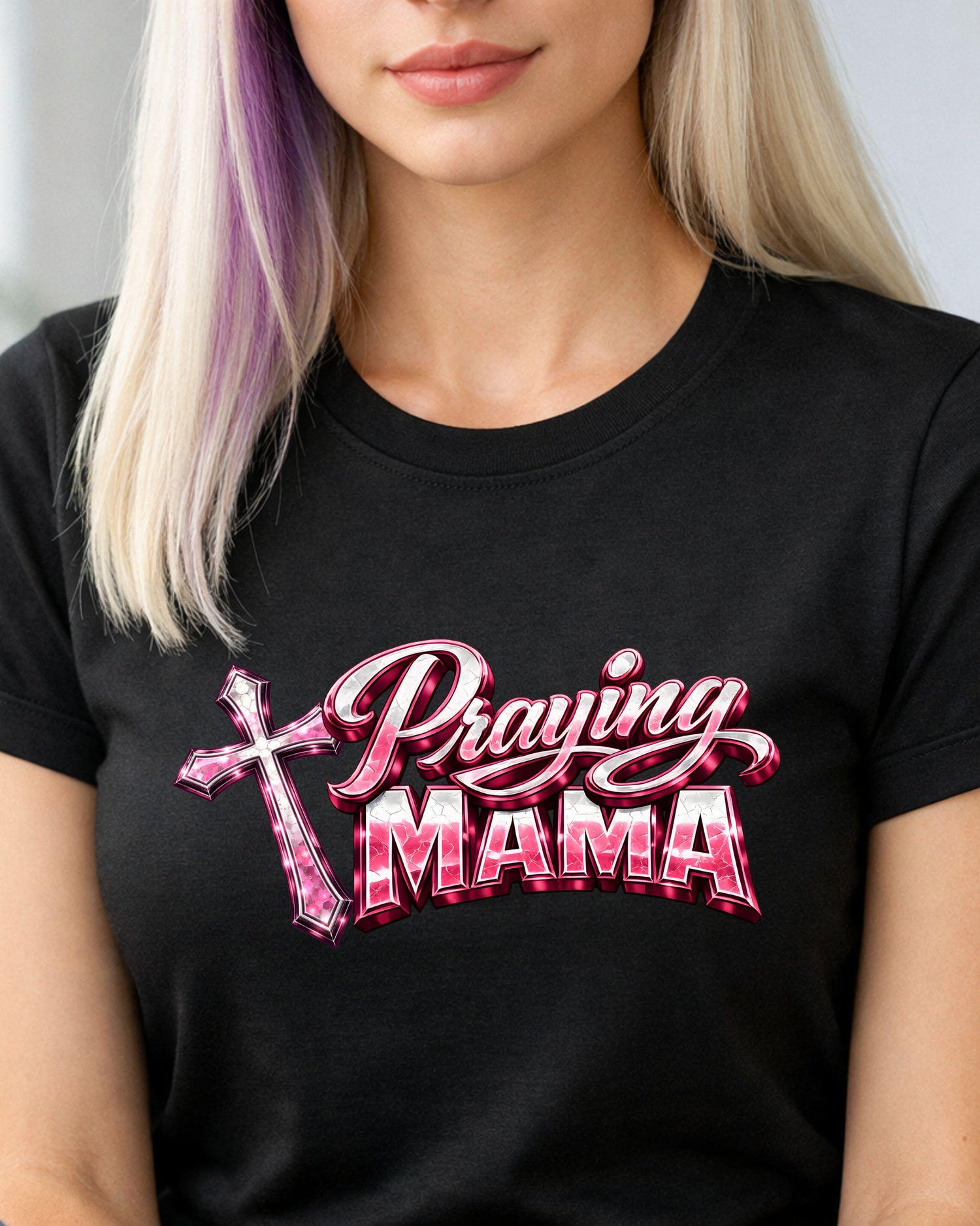 Praying Mama T-Shirt | Pink Cross Script Faith Mom Tee