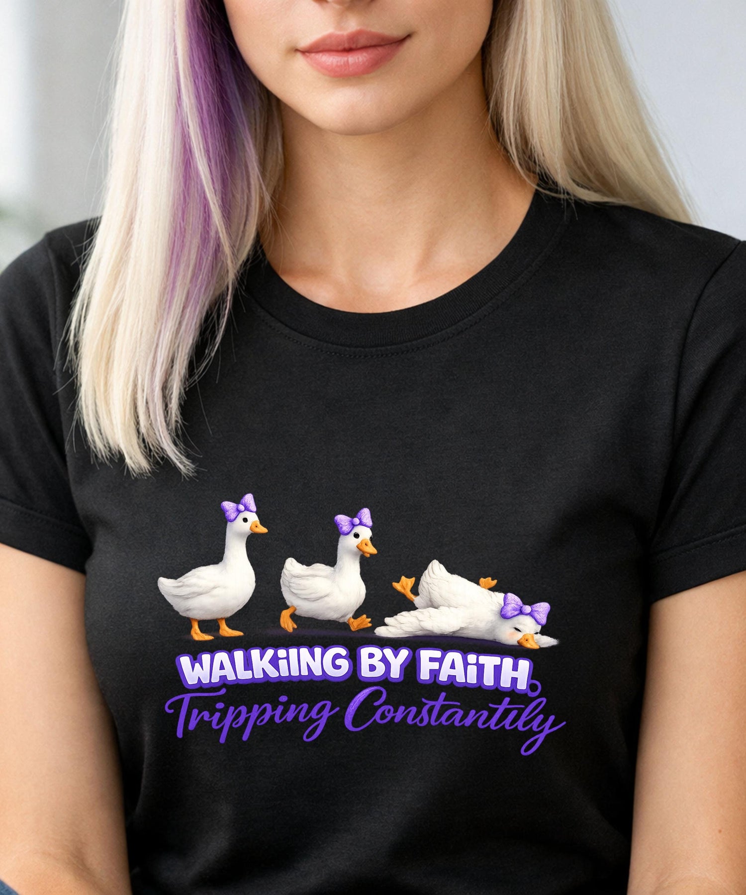 Walking by Faith Tripping Constantly T-Shirt | Cute Ducks Christian Humor