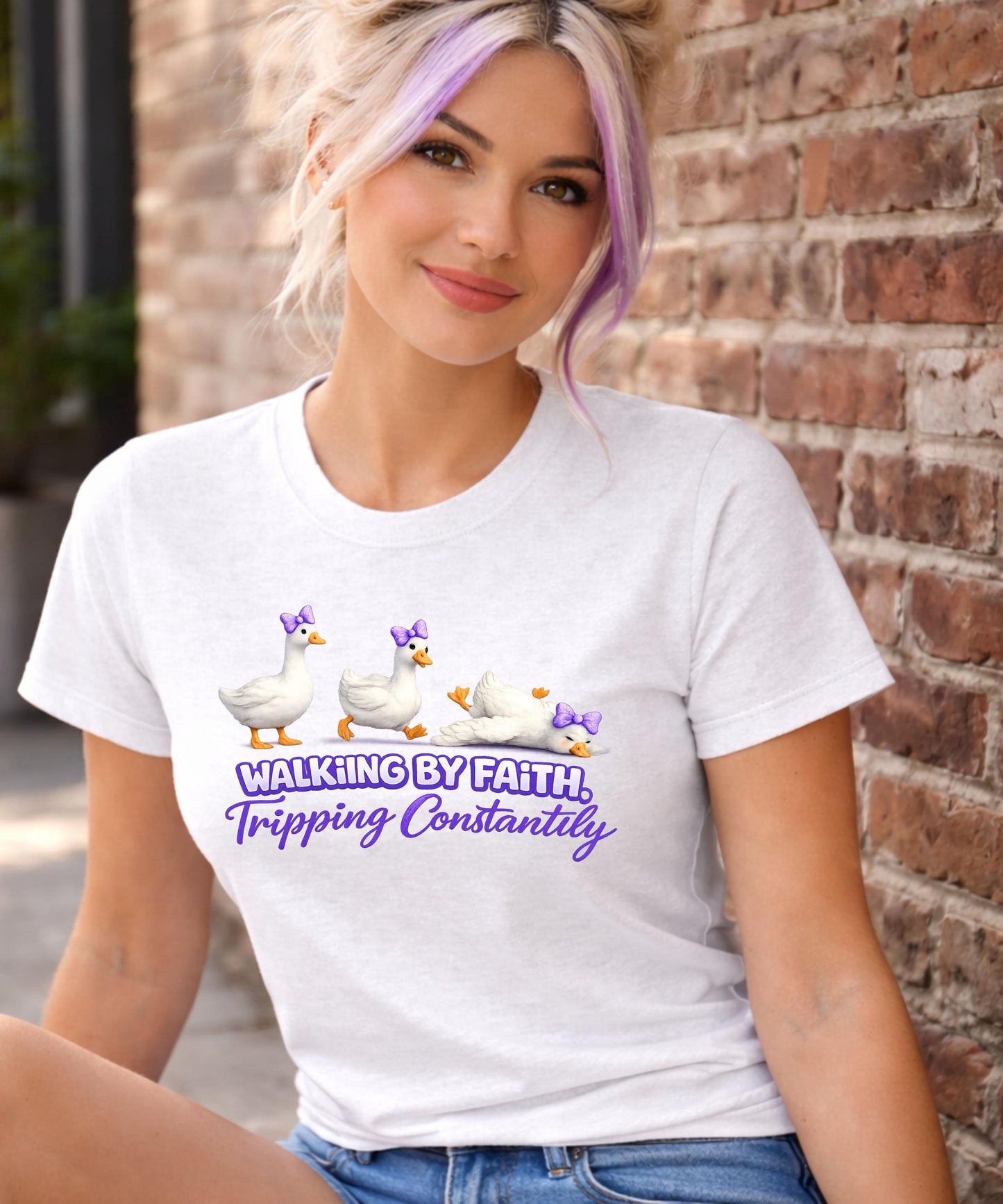 Walking by Faith Tripping Constantly T-Shirt | Cute Ducks Christian Humor