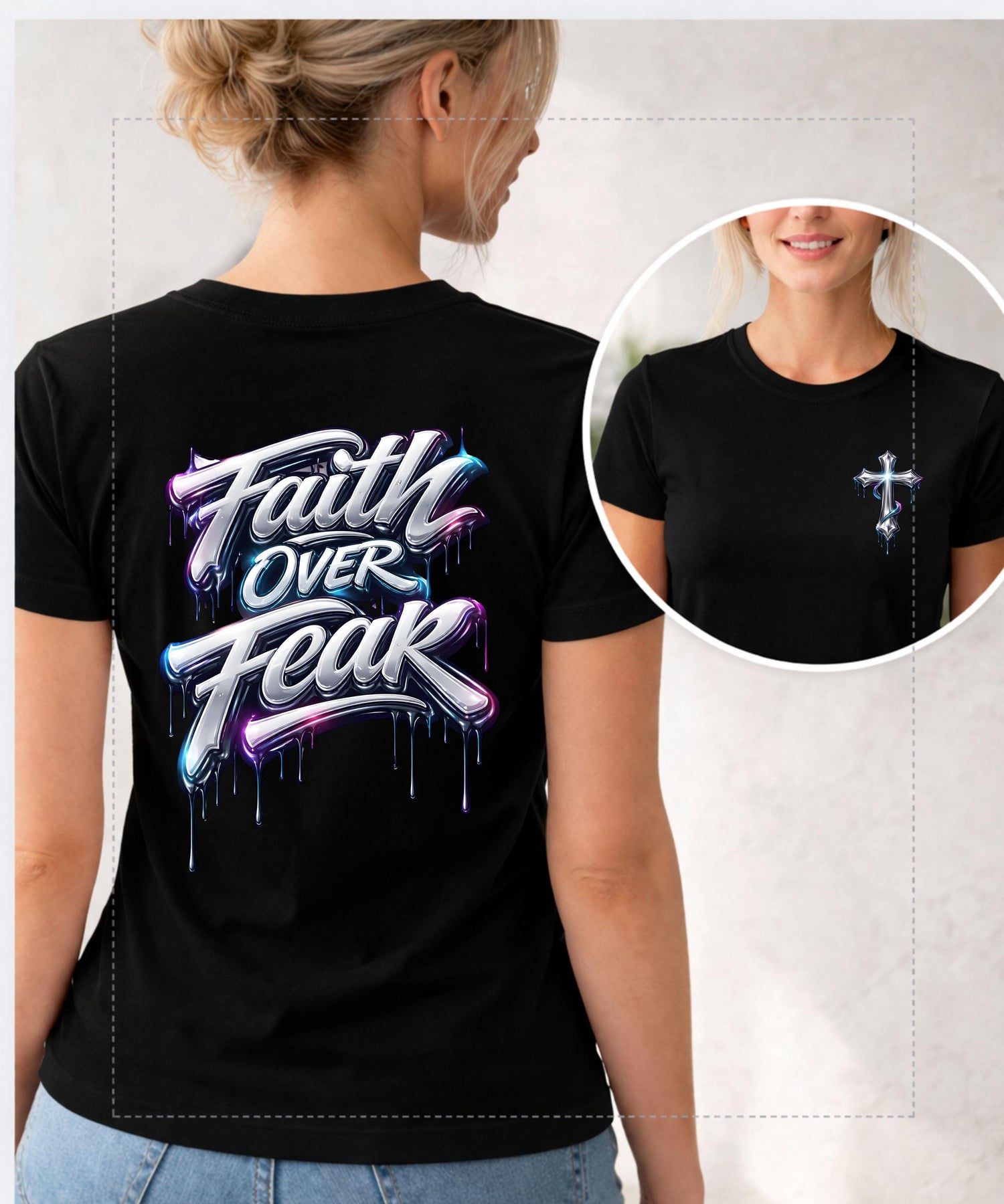 Faith Over Fear T-Shirt | Dripping Graffiti Cross Back Design