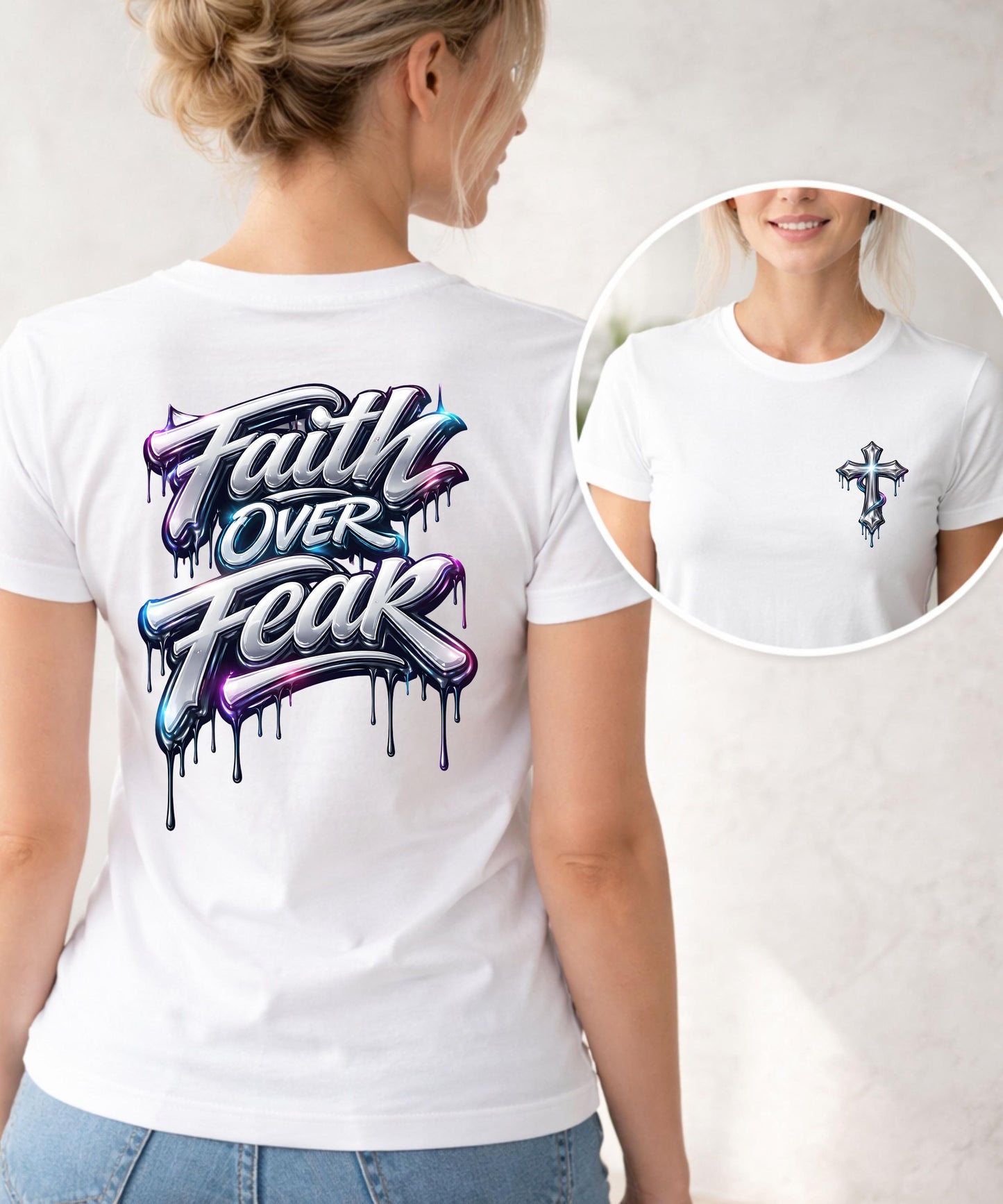 Faith Over Fear T-Shirt | Dripping Graffiti Cross Back Design