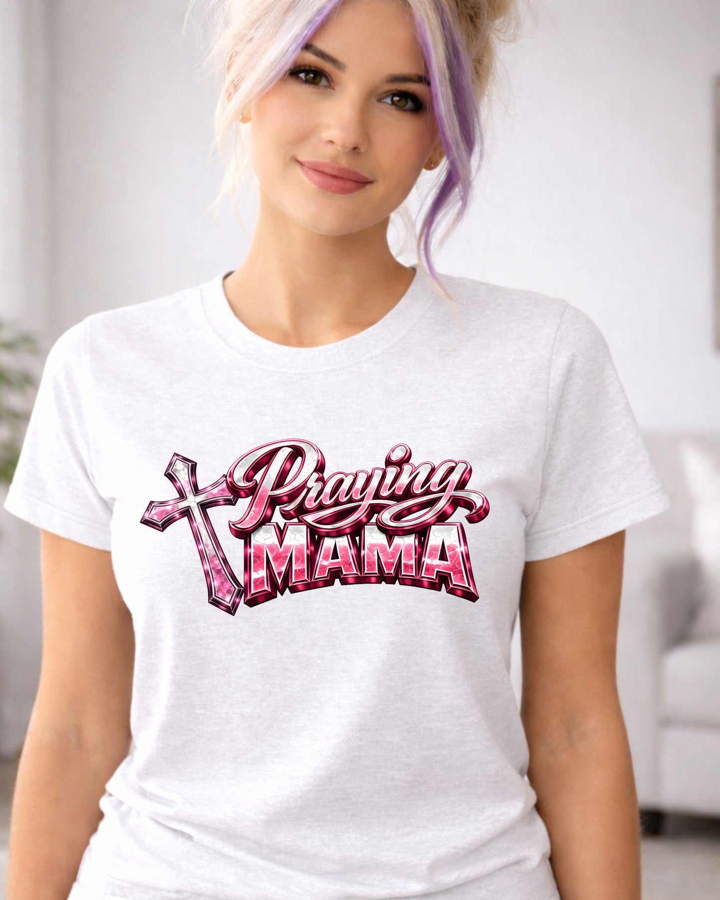 Praying Mama T-Shirt | Pink Cross Script Faith Mom Tee