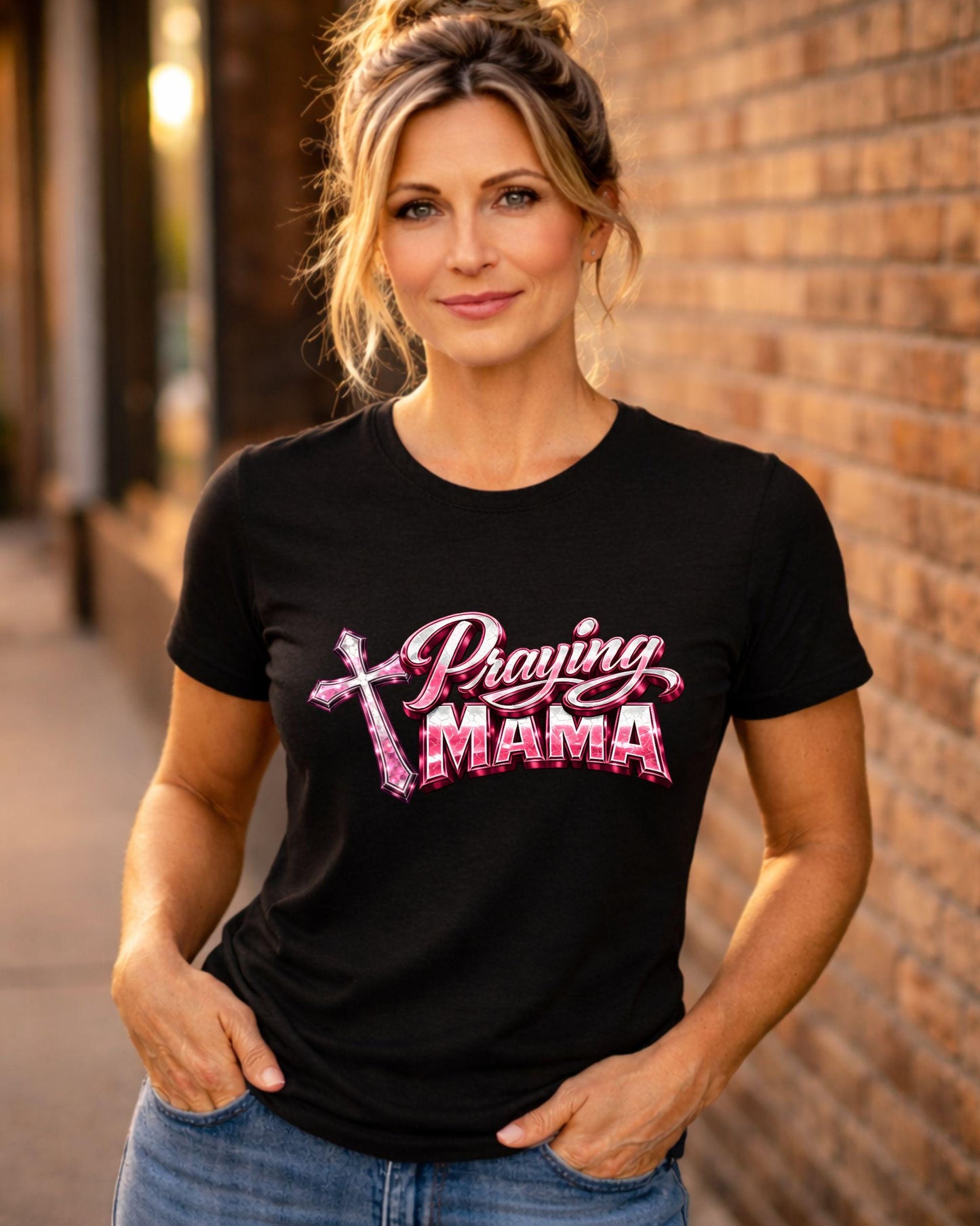 Praying Mama T-Shirt | Pink Cross Script Faith Mom Tee