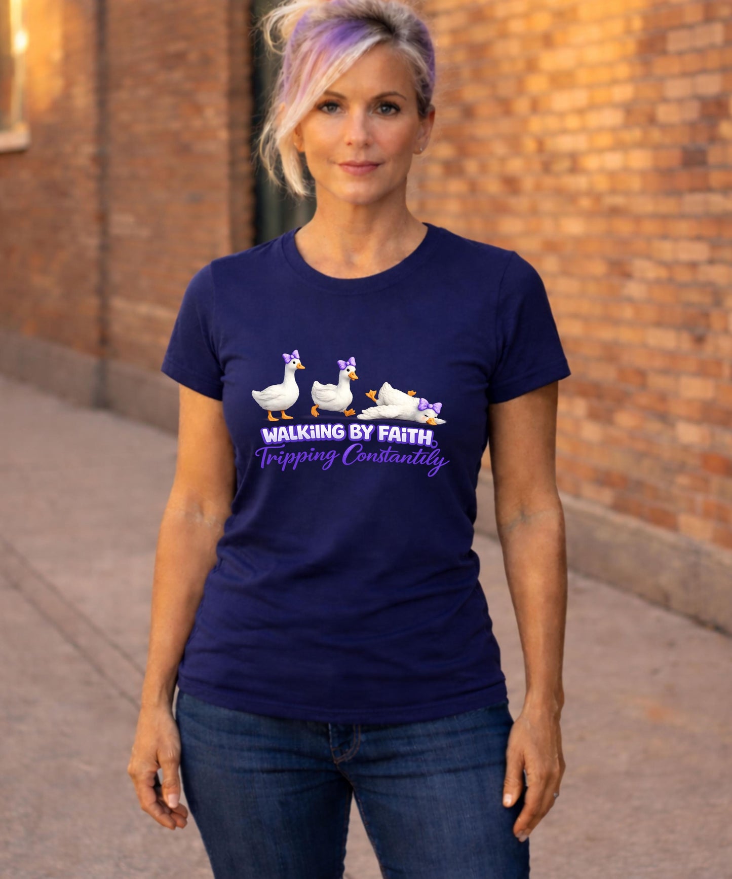 Walking by Faith Tripping Constantly T-Shirt | Cute Ducks Christian Humor