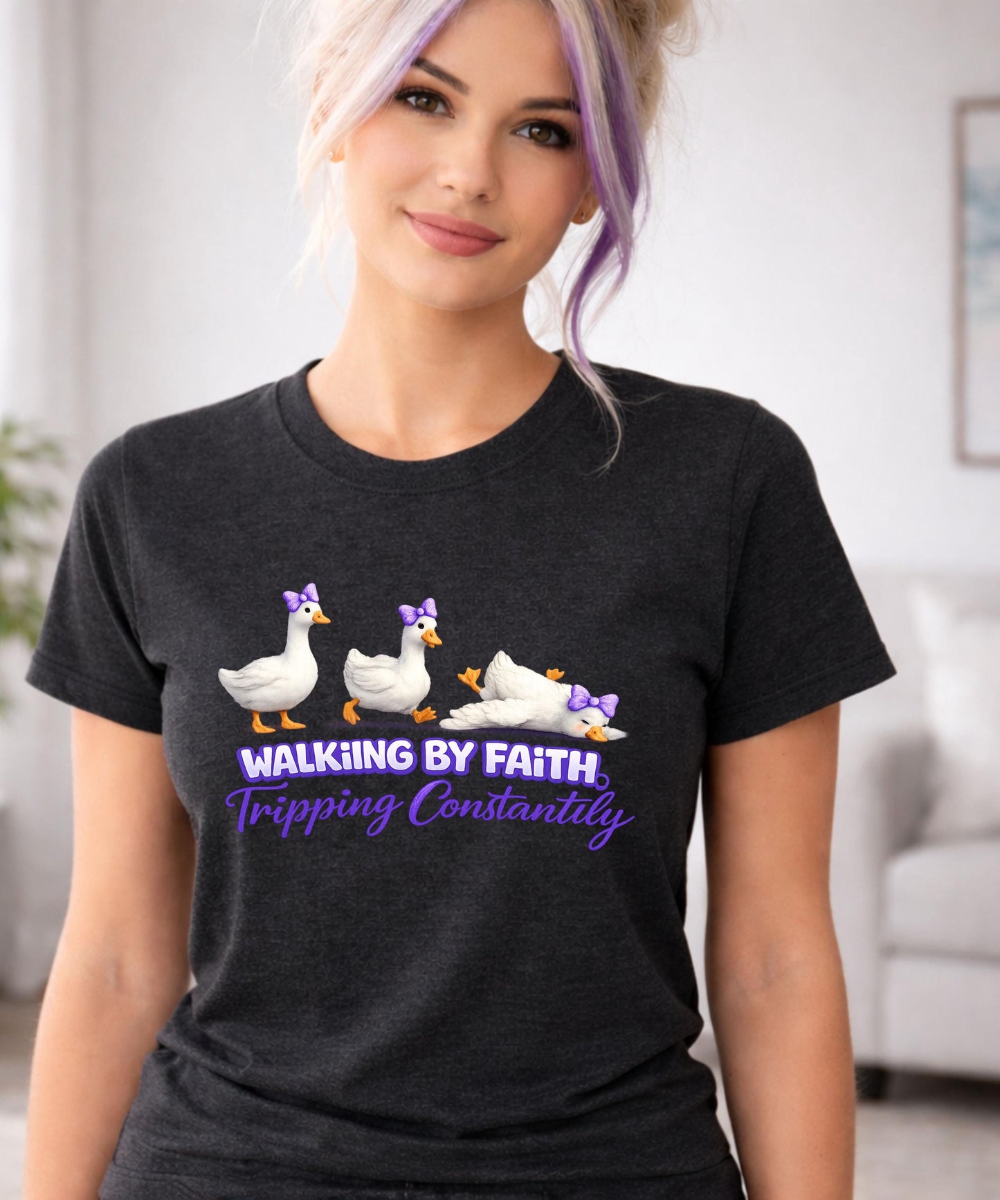 Walking by Faith Tripping Constantly T-Shirt | Cute Ducks Christian Humor