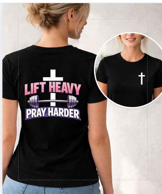 Lift Heavy Pray Harder T-Shirt | Christian Cross Gym Faith Workout Tee